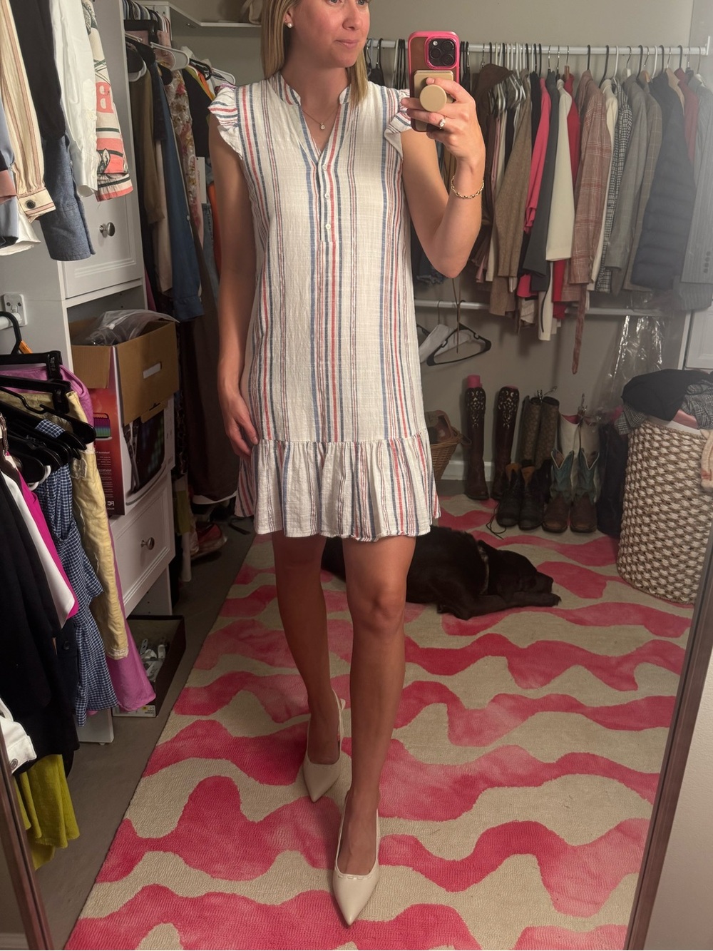 Draper James Striped V-Neck Dress in Red, Blue, Cream